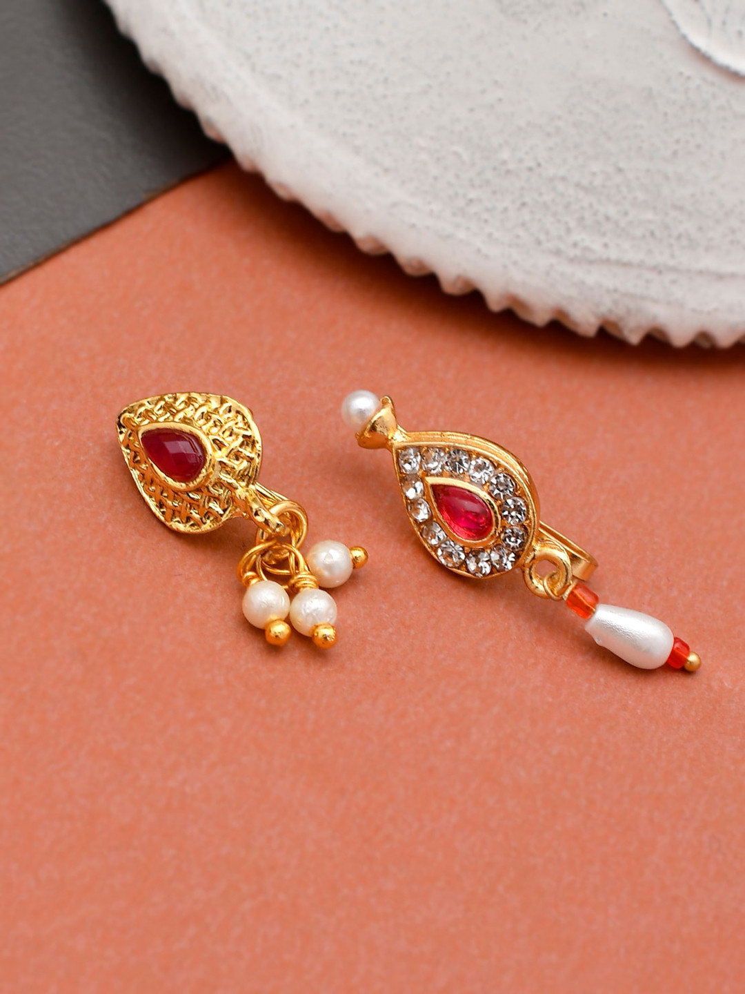 Silvermerc Designs Set Of 2 Gold-Plated & Red Pear-Studded Kundan-Studded Traditional Nosepin