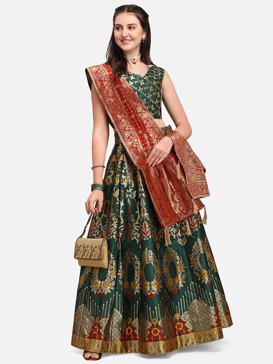 PURVAJA Green & Red Ready to Wear Lehenga & Unstitched Blouse With Dupatta