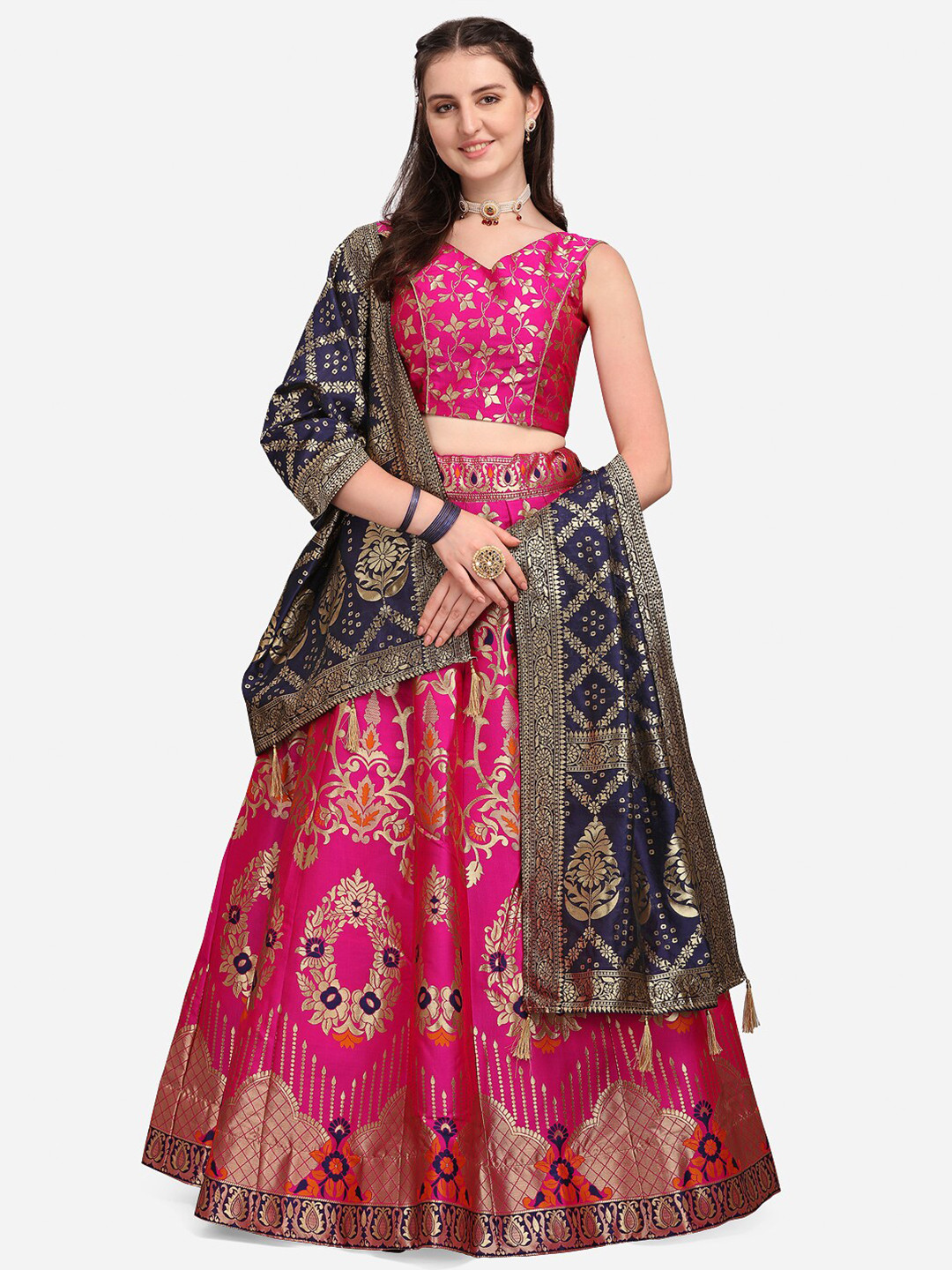 PURVAJA Pink & Navy Blue Ready to Wear Lehenga & Unstitched Blouse With Dupatta
