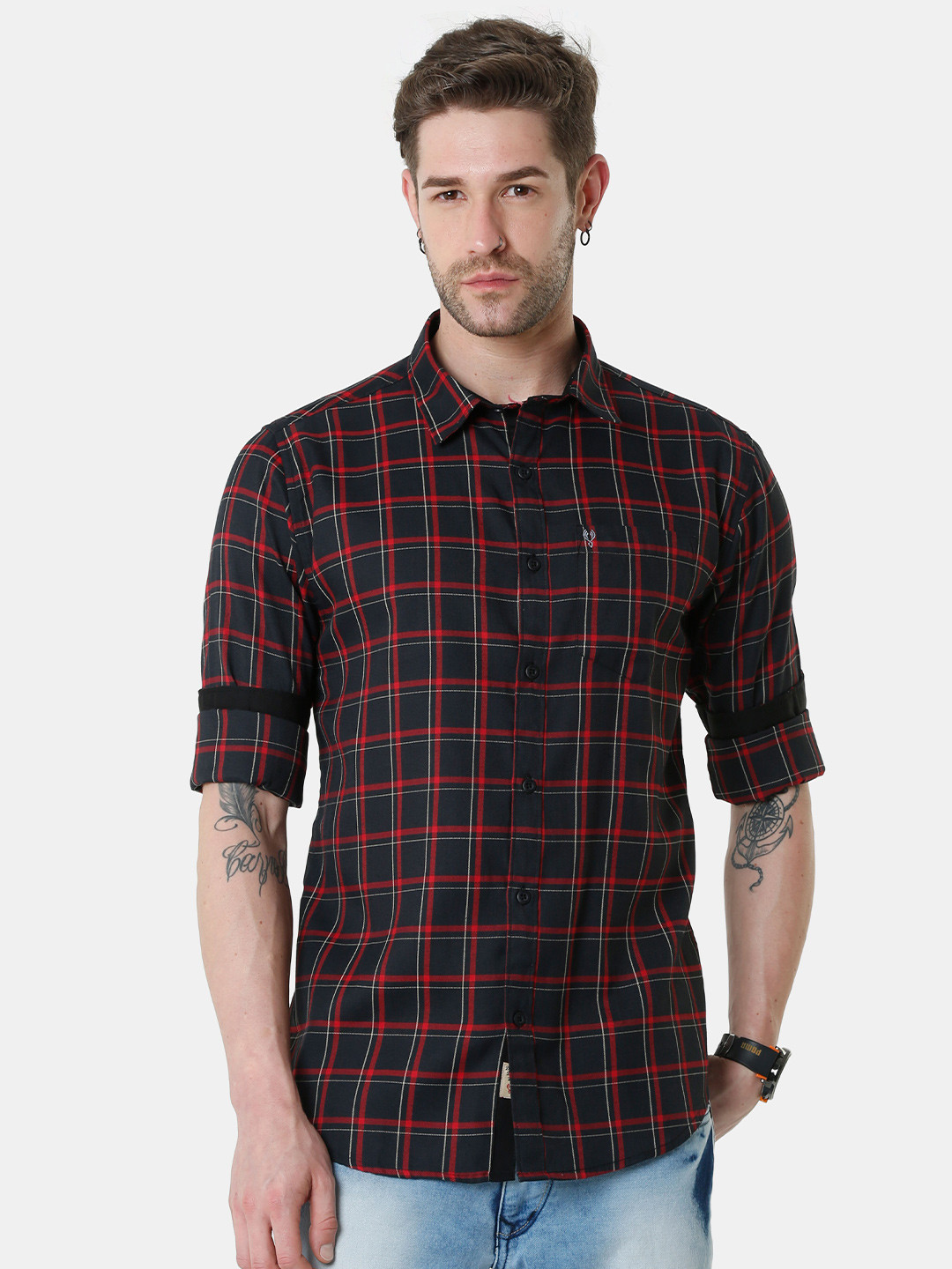 VUDU Men Navy Blue & Red Comfort Tartan Checked Casual Shirt