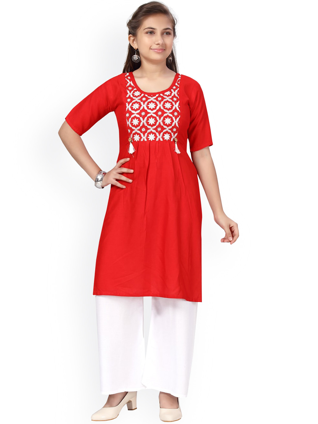 Aarika Girls Red Yoke Design Thread Work Pure Cotton Kurta with Palazzos