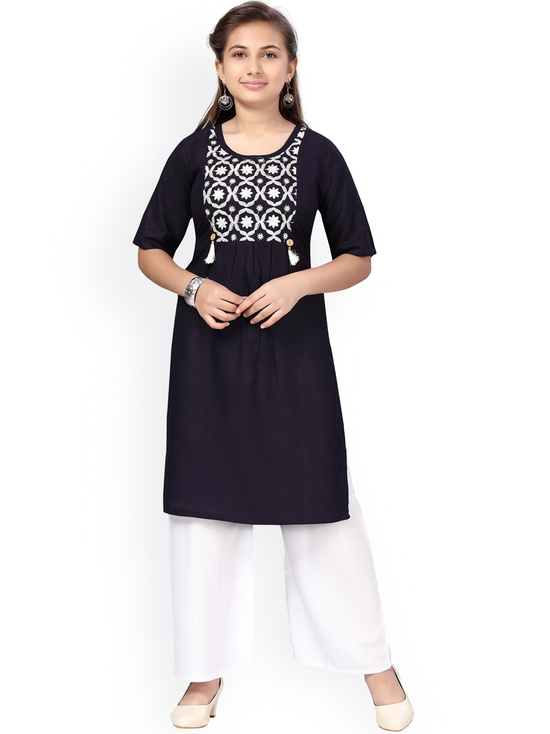Aarika Girls Navy Blue Yoke Design Thread Work Pure Cotton Kurta with Palazzos