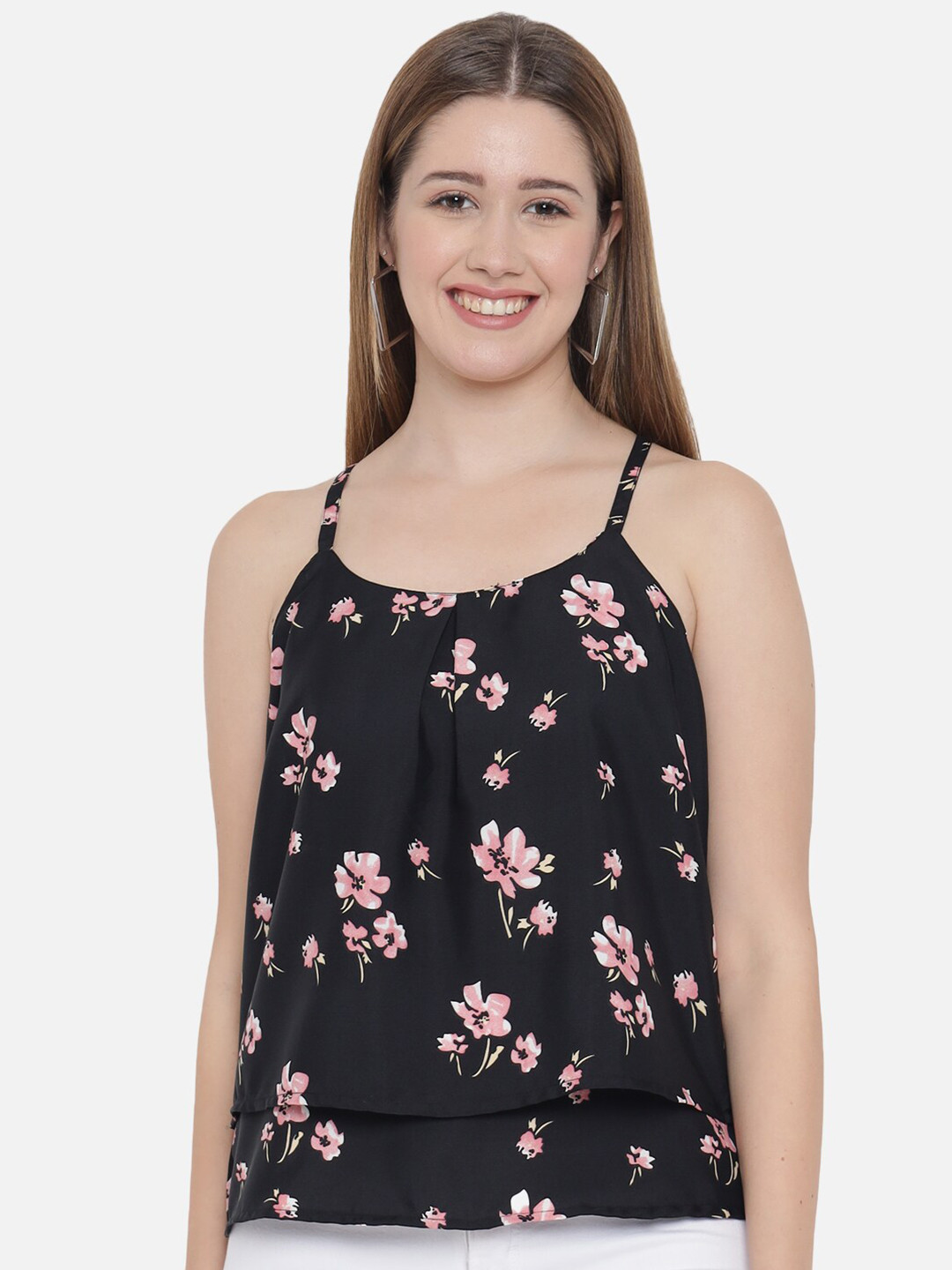 Indietoga Black Floral Print Crepe Tiered Top