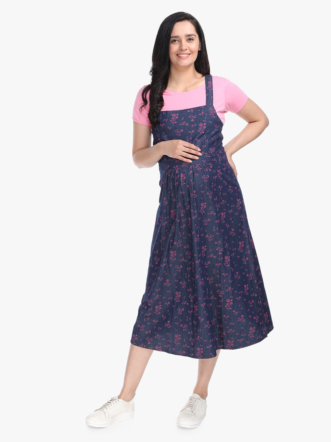 MeeMee Navy Blue Floral Denim Maternity A-Line Midi Dress