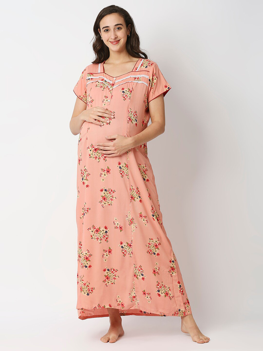 MeeMee Women Peach-Coloured Floral Maternity Maxi Dress with Feeding Zip