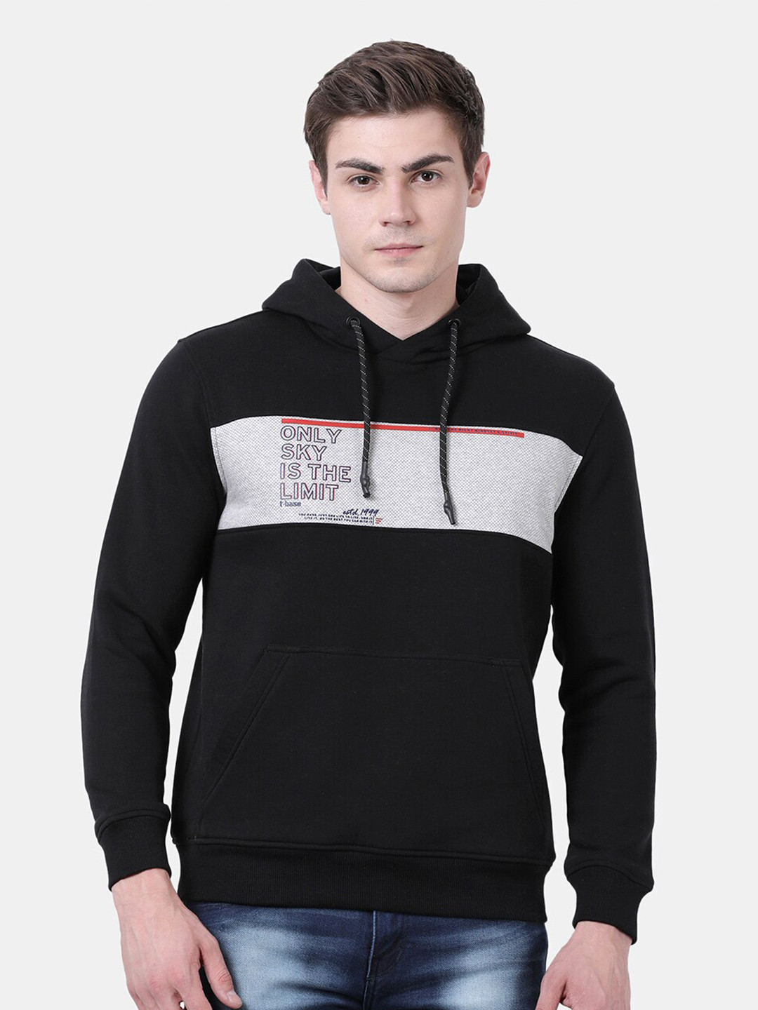 t-base Men Black Colourblocked Detachable Hood Sweatshirt