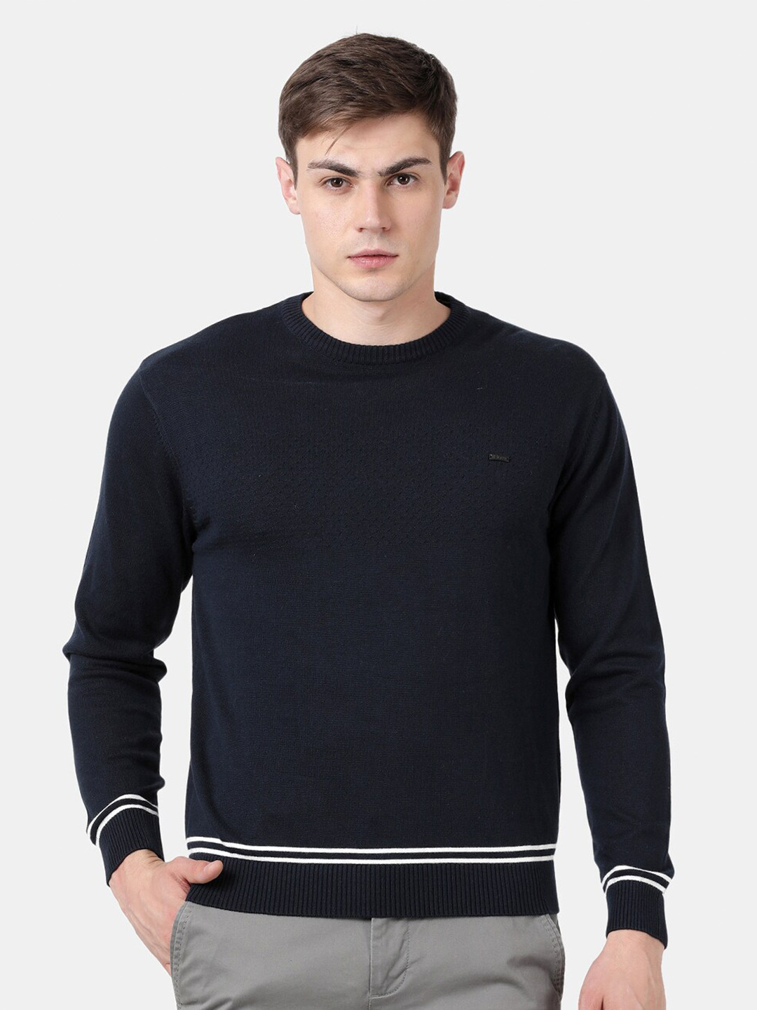 t-base Men Navy Blue Solid Round Neck Pullover Sweater