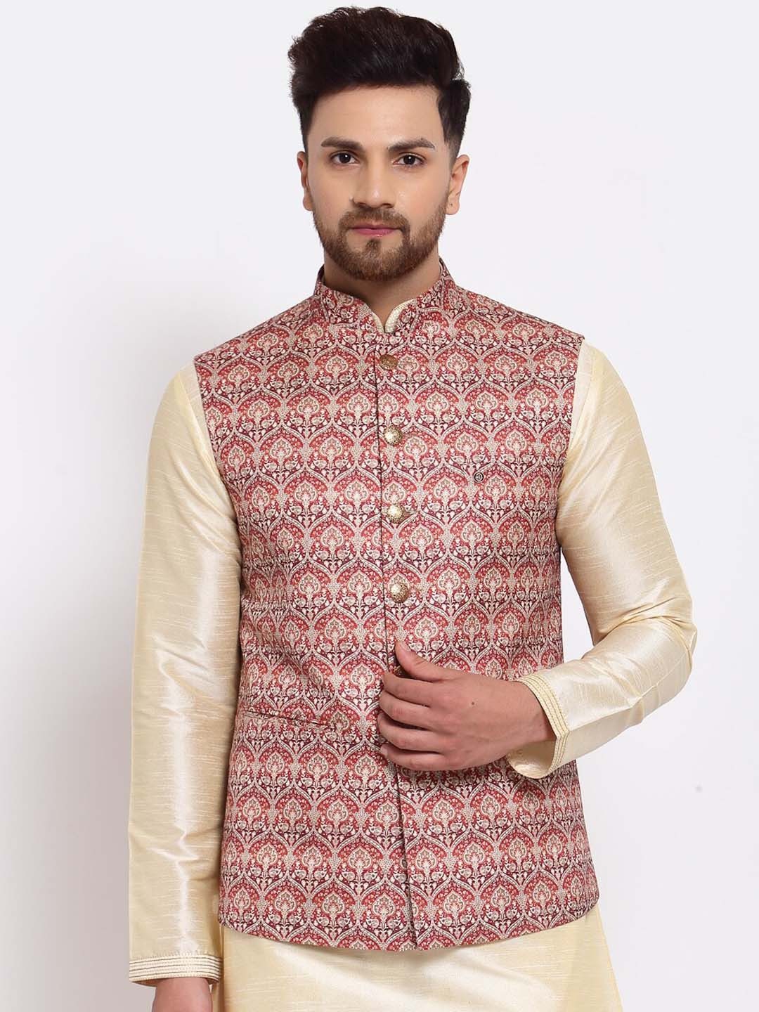 MOHANLAL SONS Men Maroon Art Silk Printed Nehru Jacket