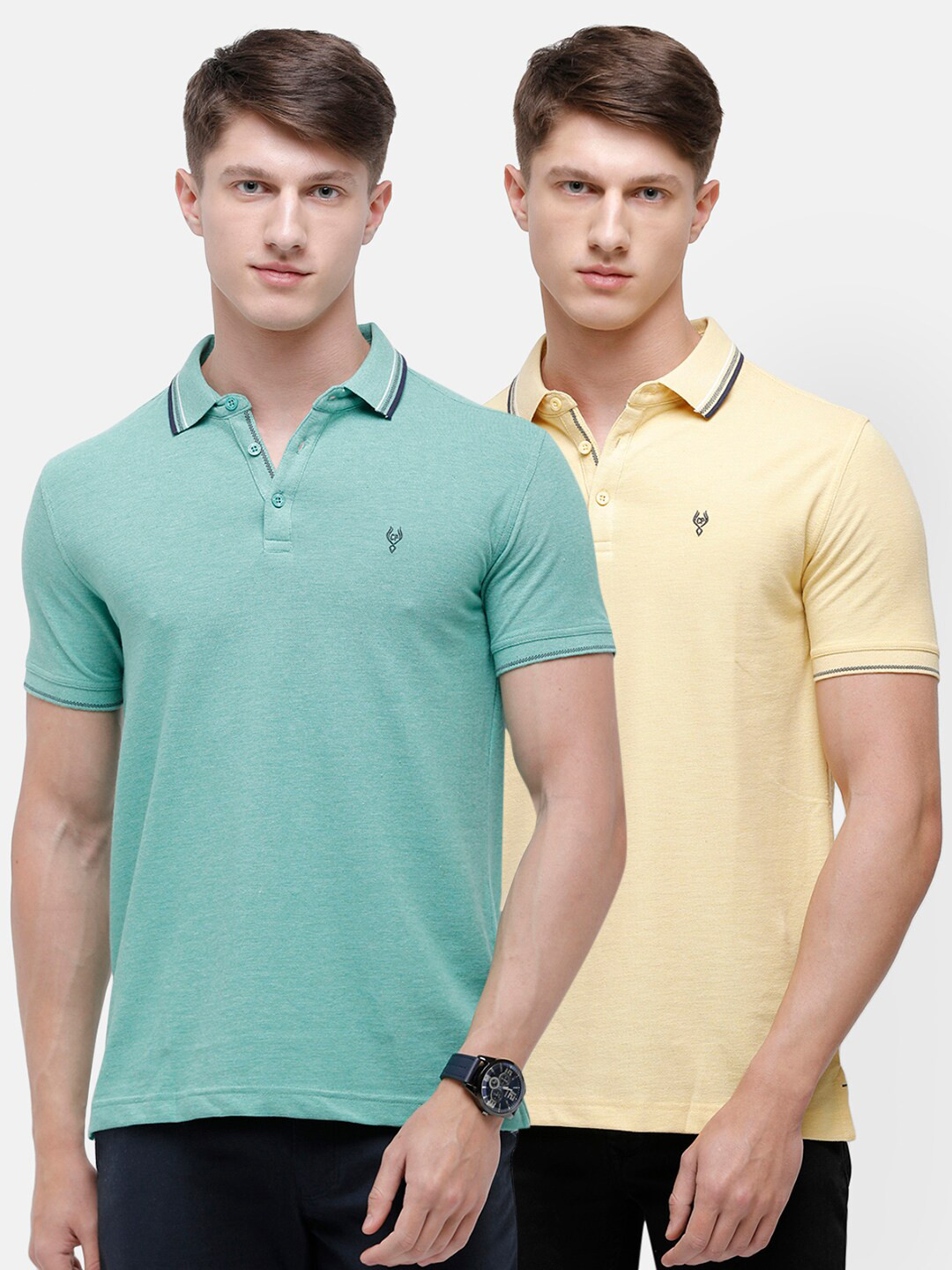 Classic Polo Men Green & Yellow 2 Polo Collar Slim Fit T-shirt