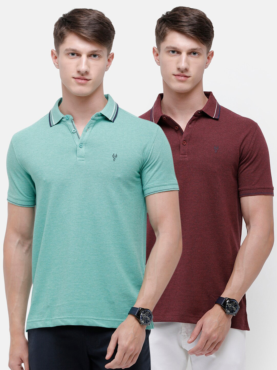 Classic Polo Men Brown & Green 2 Polo Collar Slim Fit T-shirt