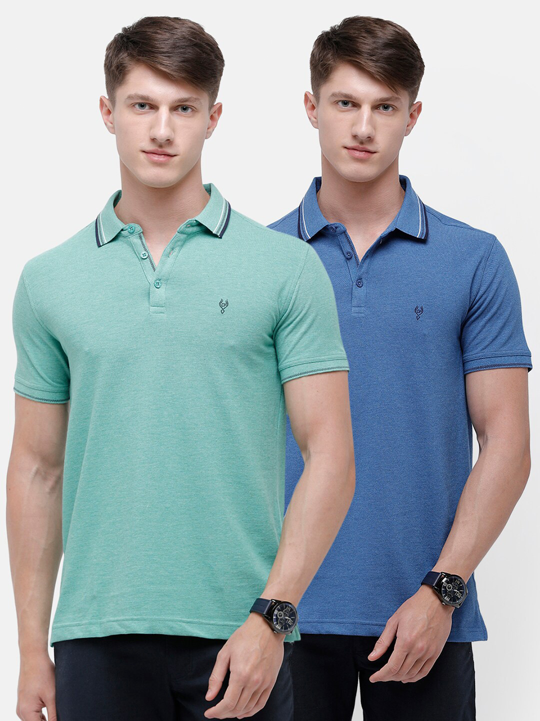 Classic Polo Men Blue & Green 2 Polo Collar Slim Fit T-shirt