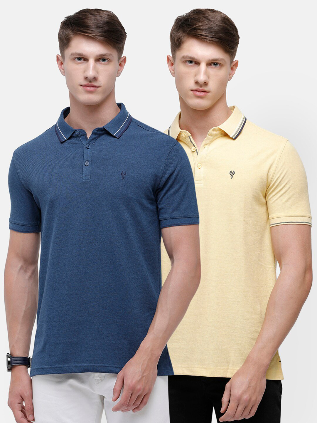 Classic Polo Men Yellow & Navy Blue 2 Polo Collar Slim Fit T-shirt