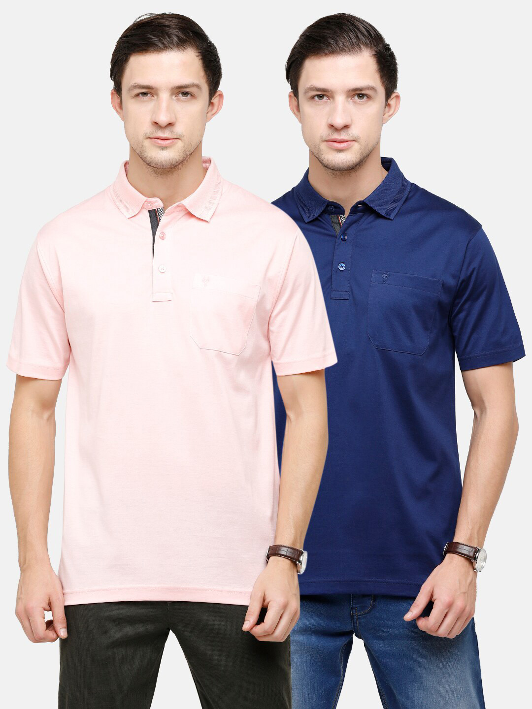 Classic Polo Men Pink & Navy Blue Pack Of 2 Polo Collar Pockets Pure Cotton T-shirts