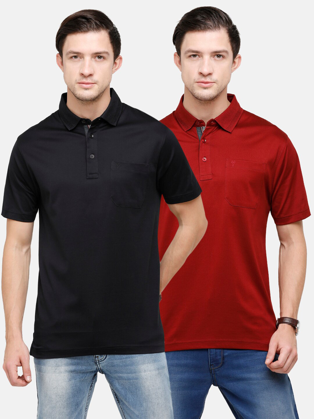 Classic Polo Men Pack Of 2 Black & Maroon Polo Collar T-shirt