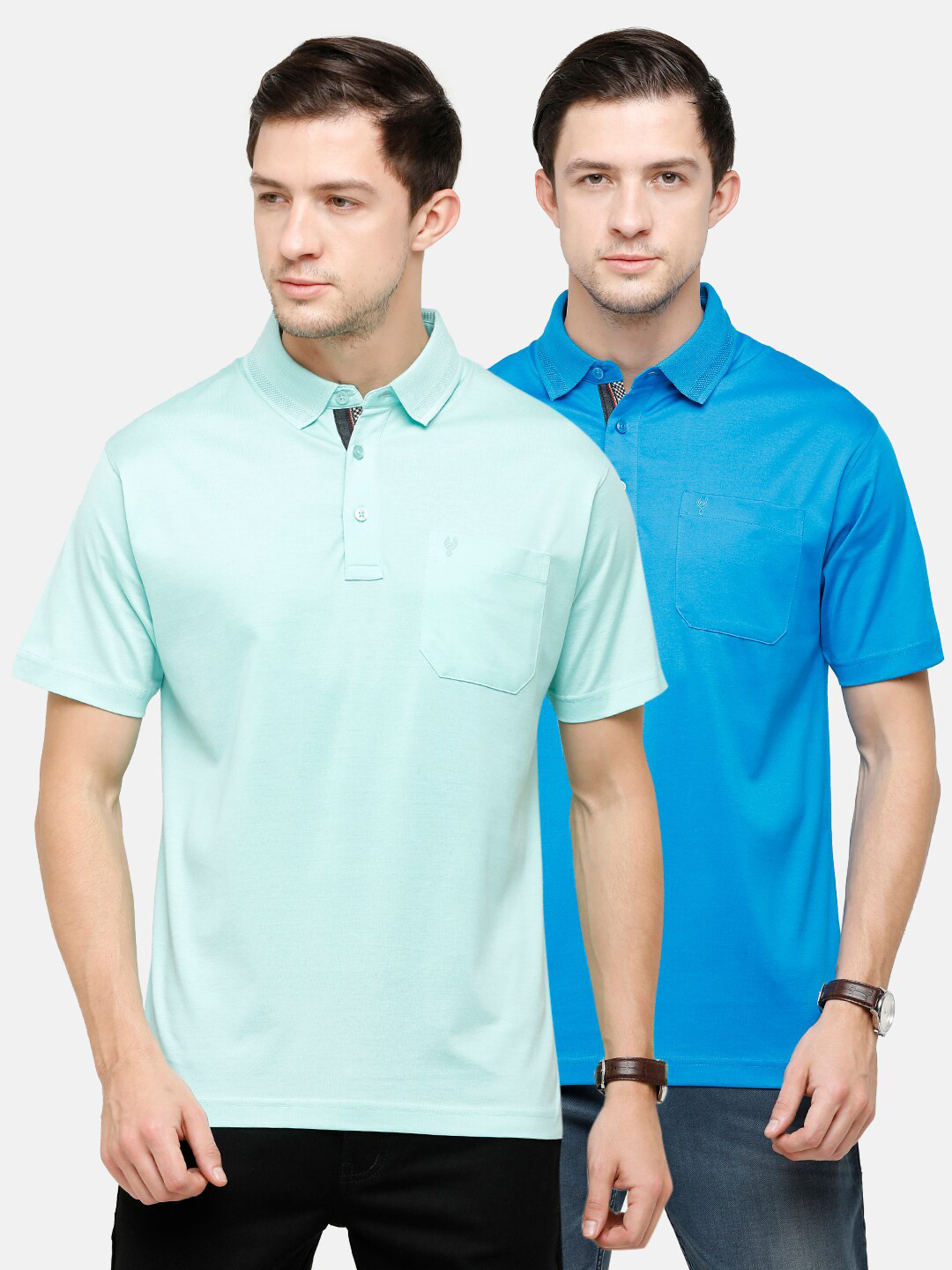 Classic Polo Men Blue & Sea Green Pack Of 2 Polo Collar Pockets Pure Cotton T-shirts