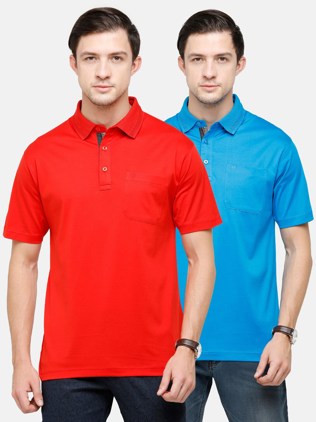 Classic Polo Men Red & Blue Pack Of 2 Polo Collar Pockets Pure Cotton T-shirts
