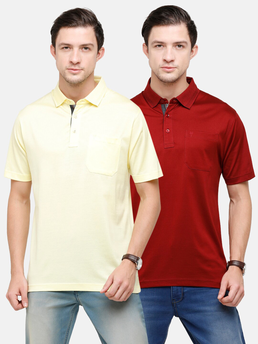 Classic Polo Men Yellow & Maroon Set of 2 Polo Collar Pockets T-shirt
