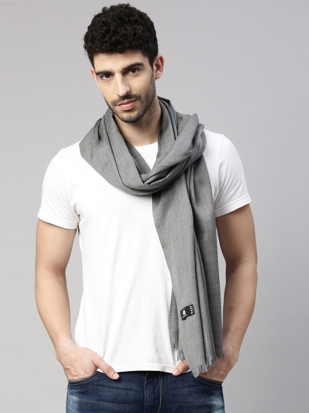 Pashmoda Men Grey Solid Woolmark Certified Pure Wool Stole