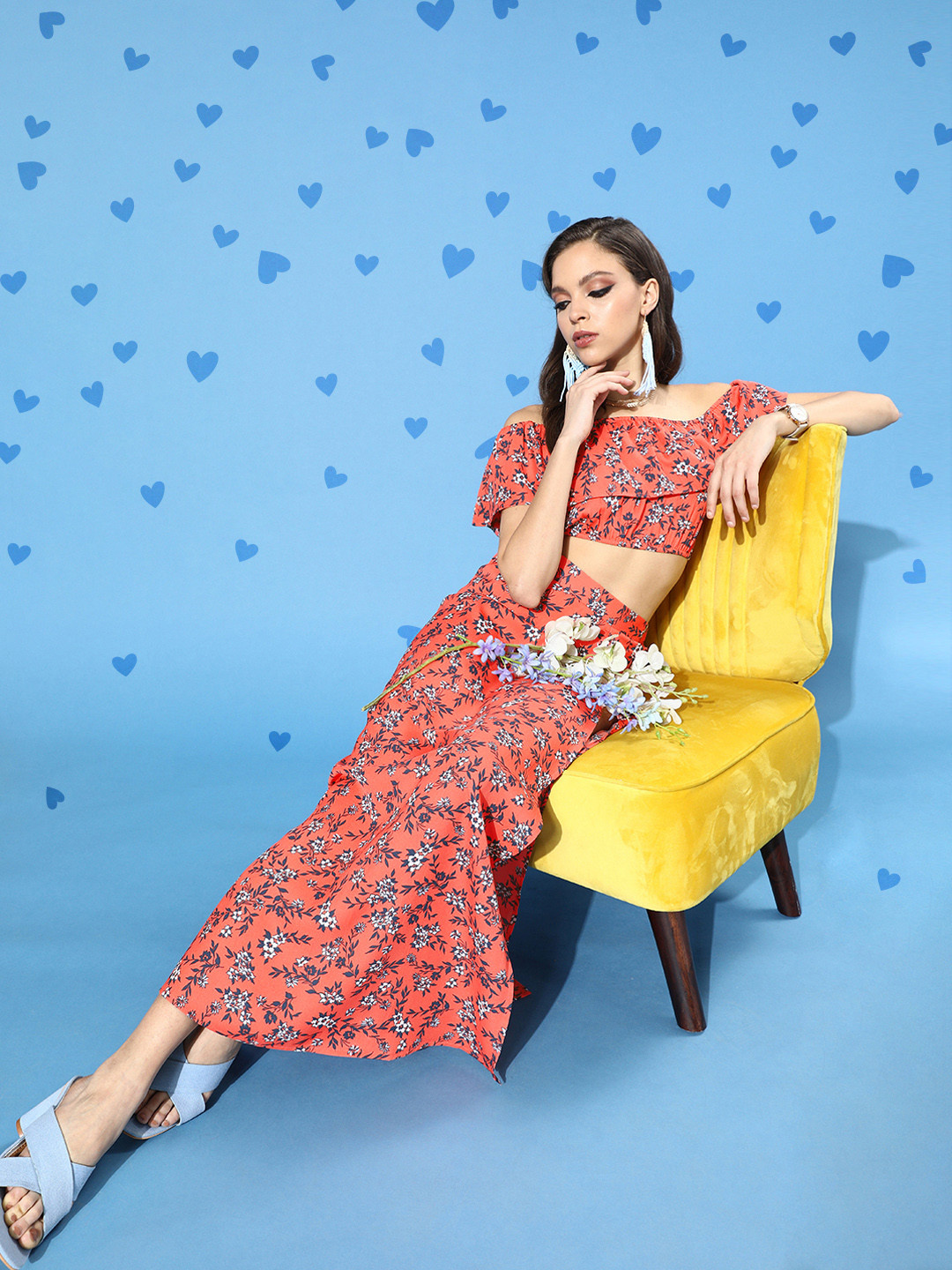 Berrylush Orange Floral Off-Shoulder Crepe Maxi Dress