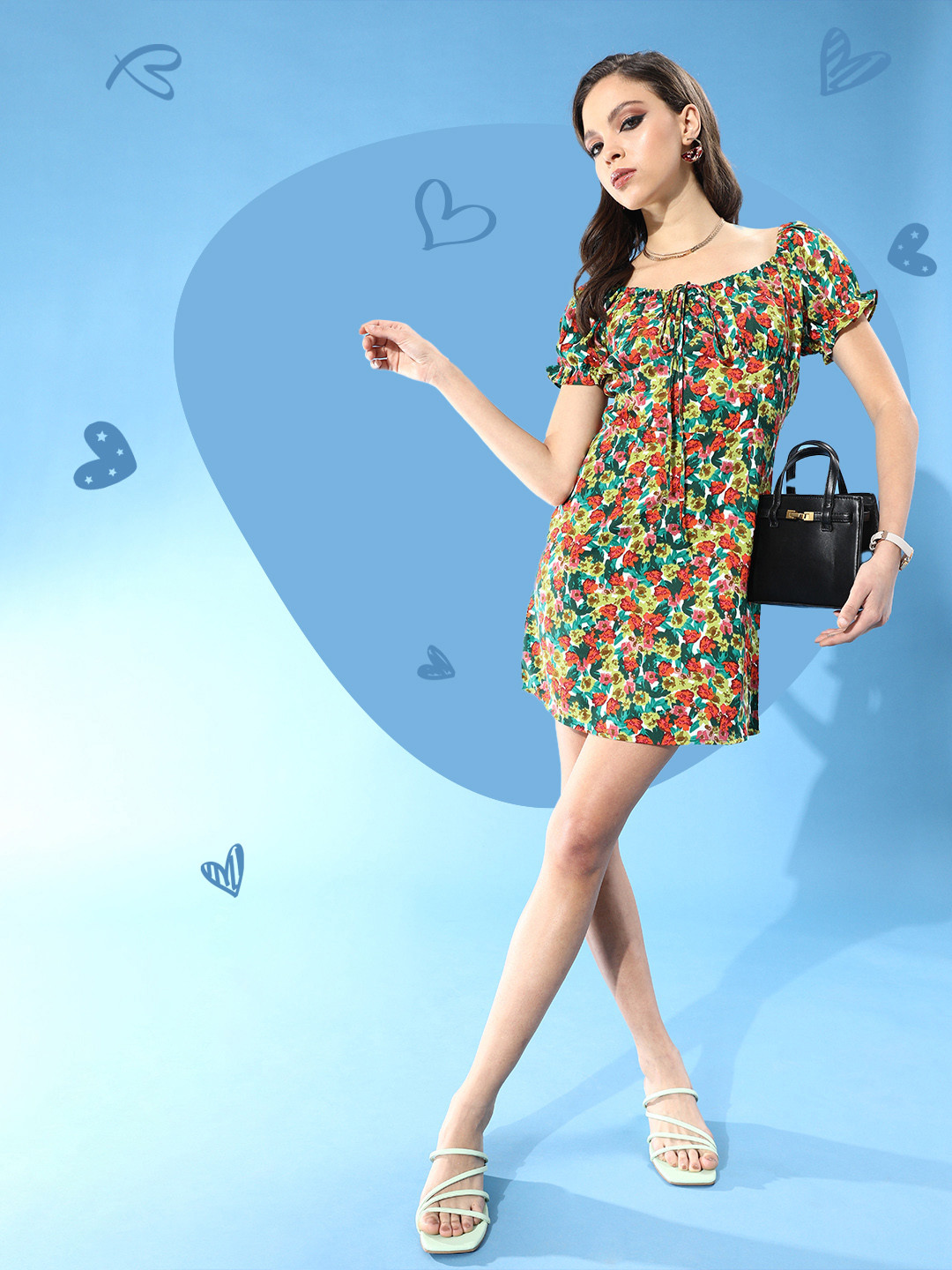 Berrylush Women Red Allover Floral Print Ruched Bust Detail Dress