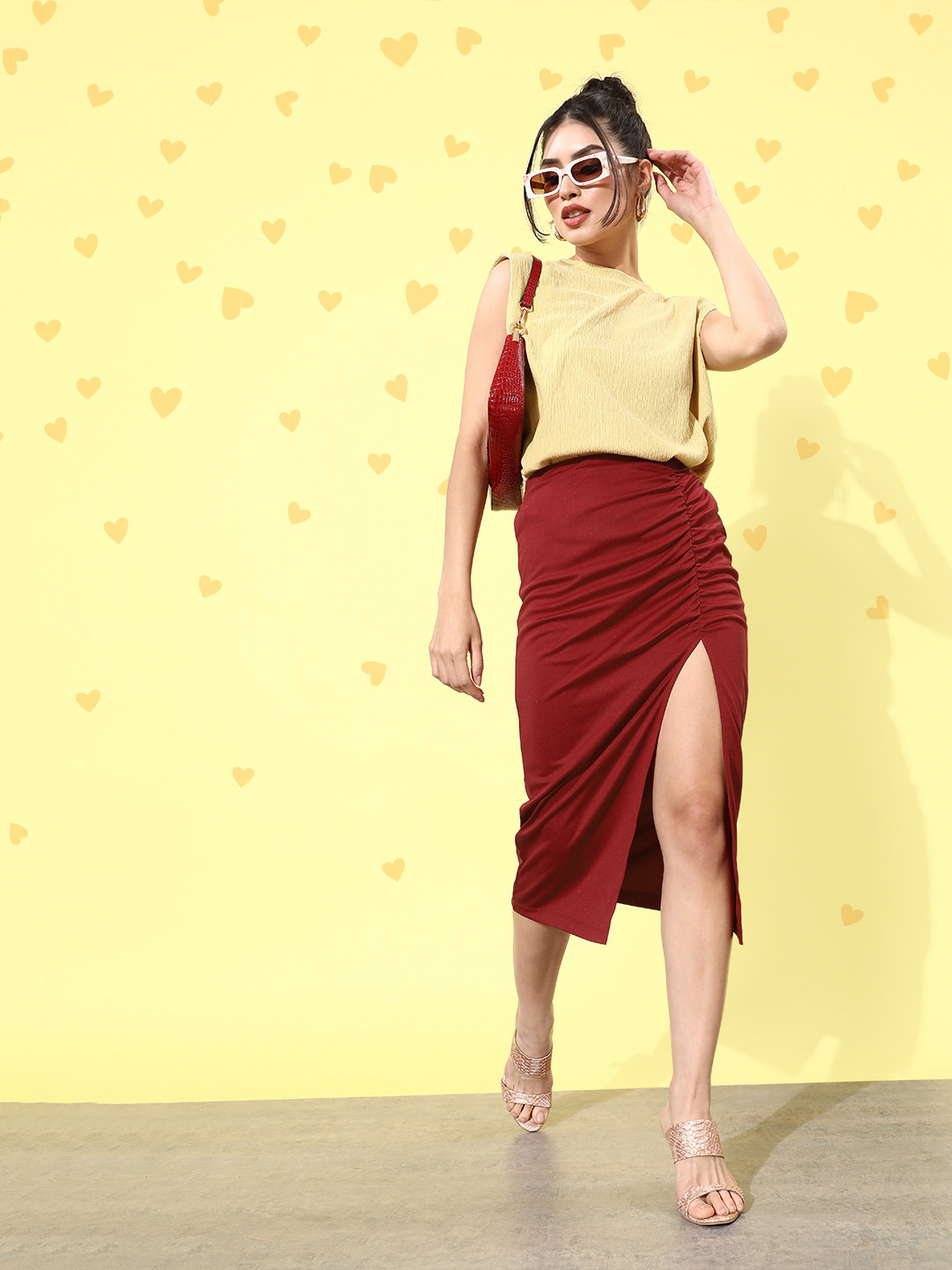 Style Quotient Women Charming Maroon Solid Ruched Skirt
