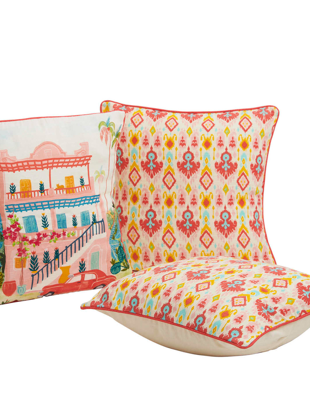 Chumbak Women Red & Off-White Set of 3 Abstract Ikkat Design Square Cushion Covers