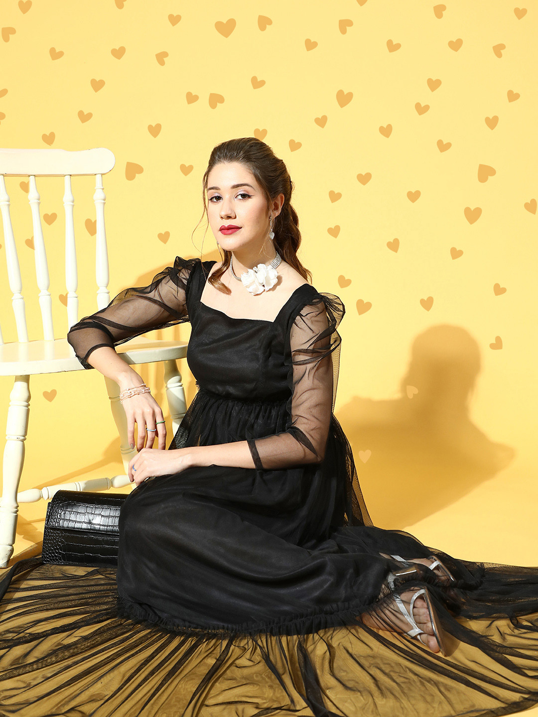 U&F Women Stylish Black Solid Sheer Dress