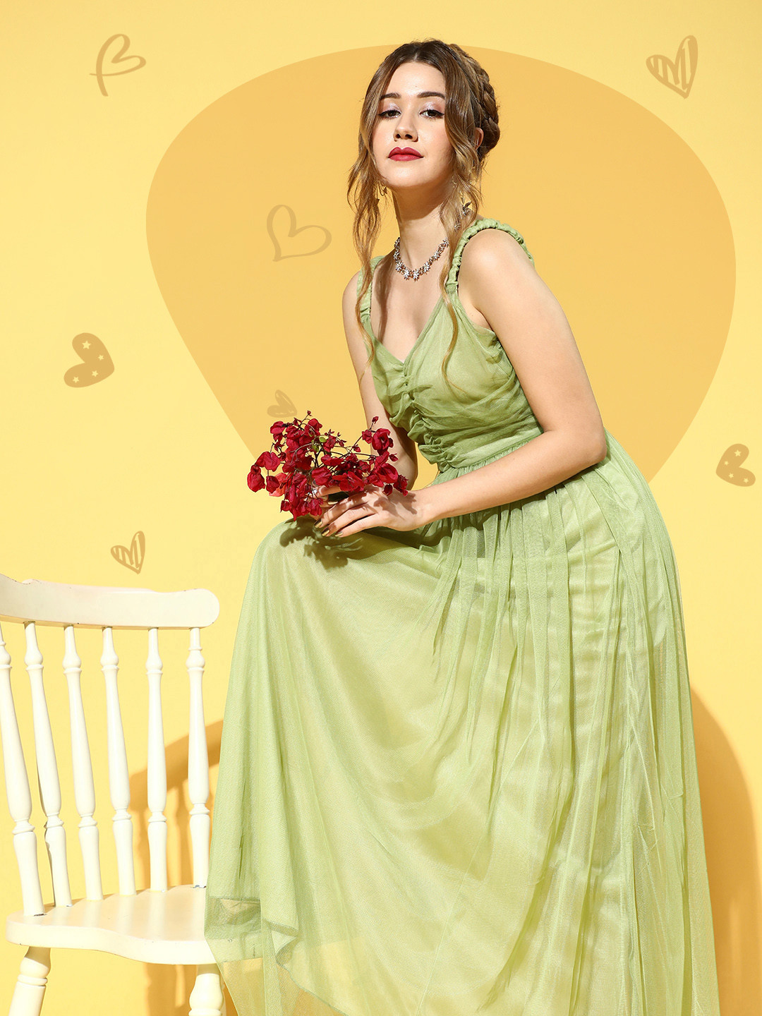 U&F Women Gorgeous Pastel Green Solid Ruched Dress