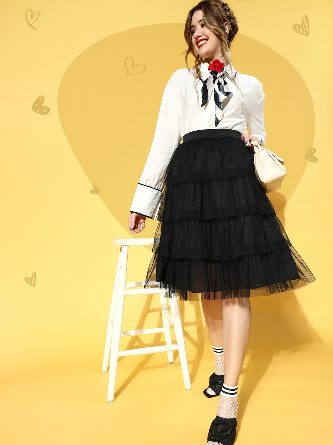 U&F Women Stylish Black Solid Tiered Skirt