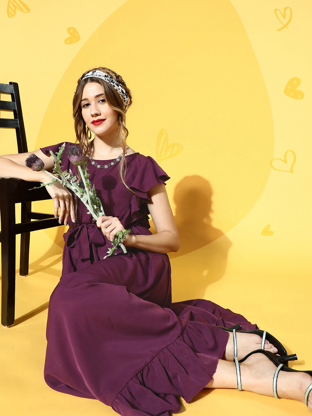 U&F Women Charming Purple Solid Ruffled Dress