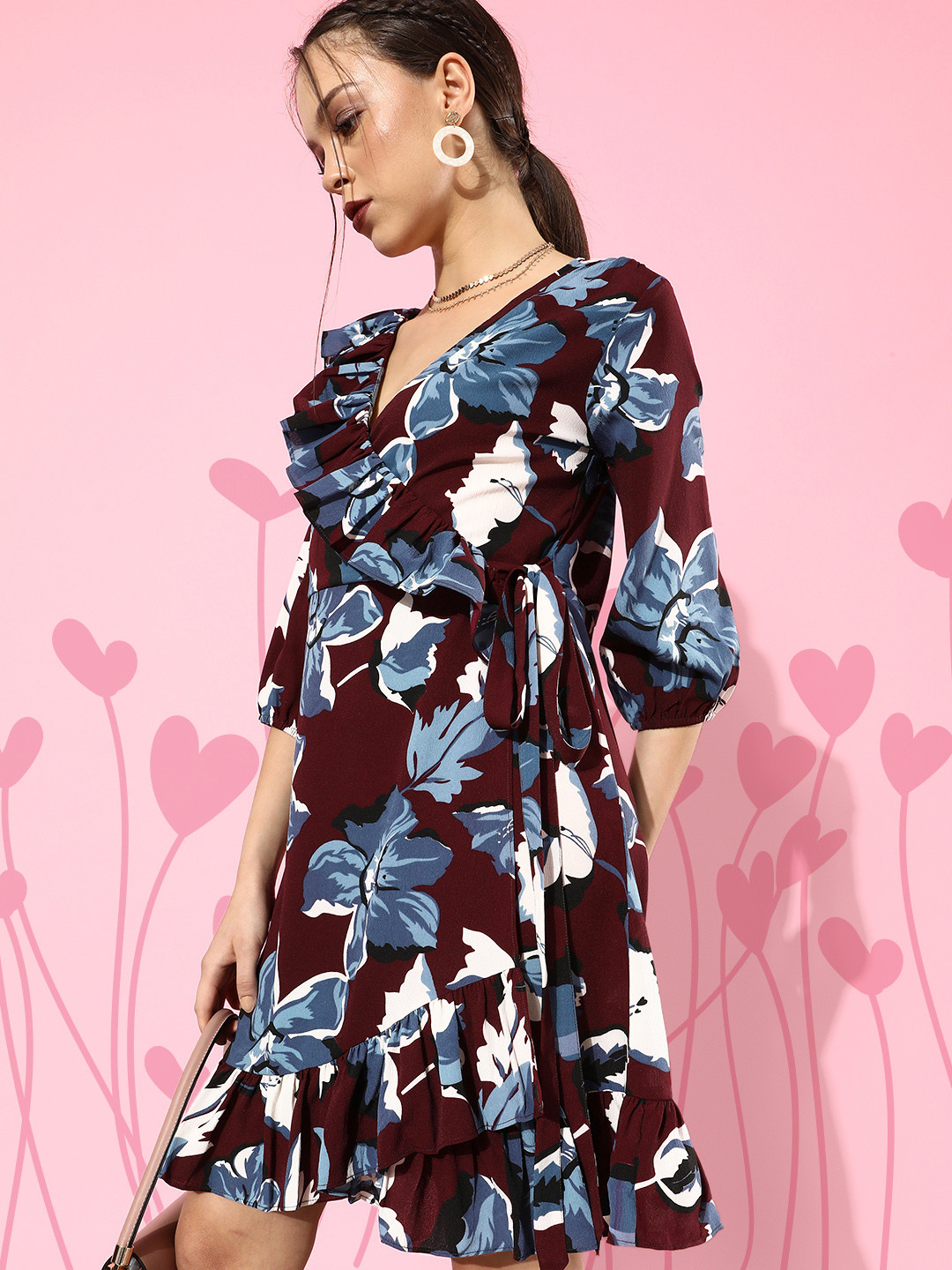 Style Quotient Maroon Floral Ruffled Dress