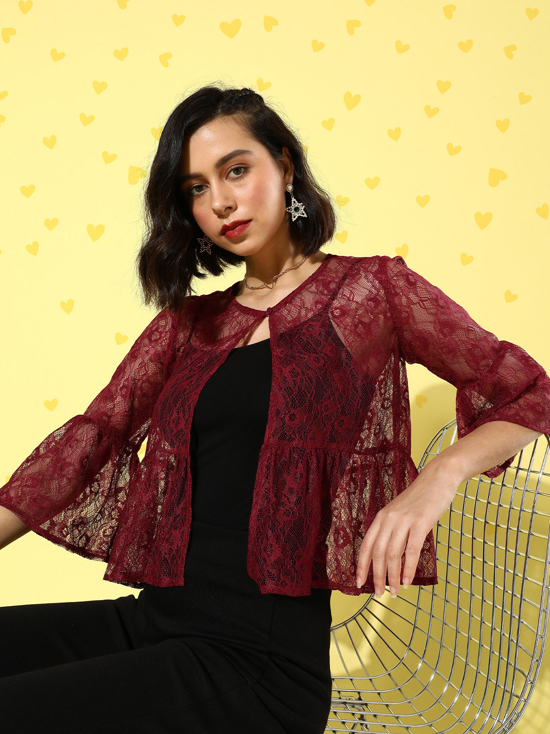 Style Quotient Women Charming Maroon Self-Design Lace Shrug