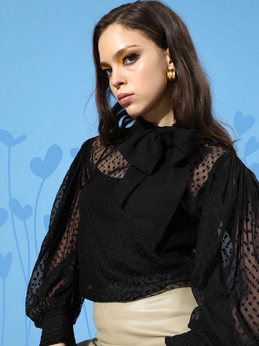 Style Quotient Women Black Polka-Dotted Sheer Top