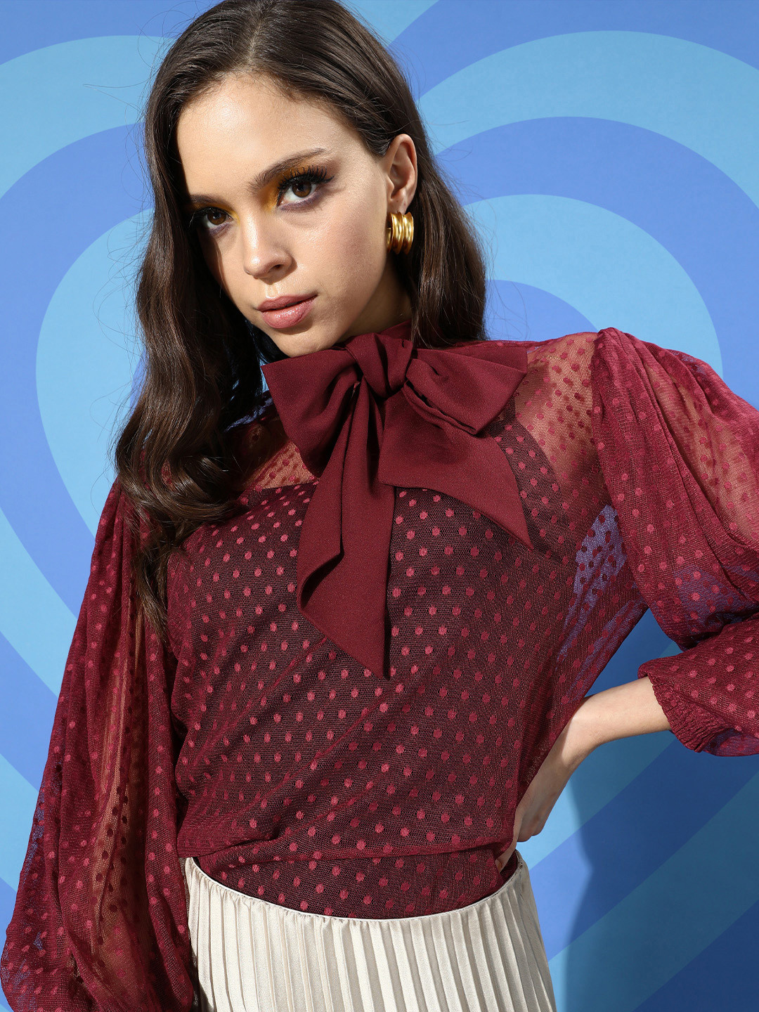 Style Quotient Women Deep Burgundy Self-Design Dobby Weave Top