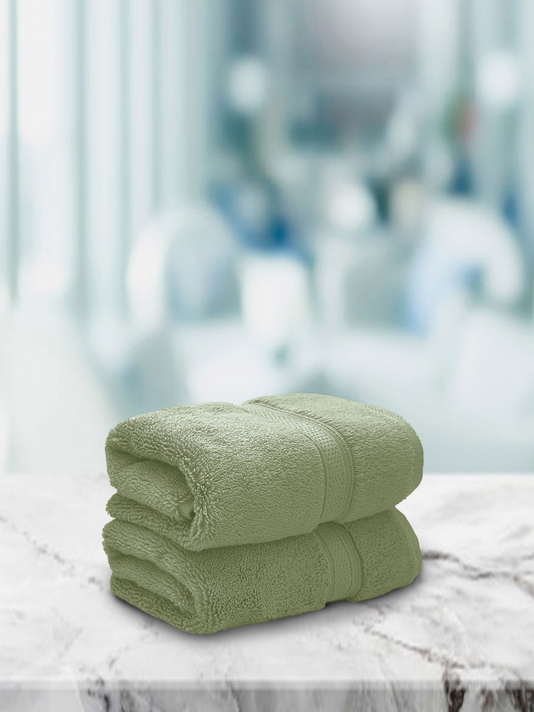 Aura Set Of 2 Thyme Green Solid 650 GSM Super Absorbent Pure Cotton Hand Towels