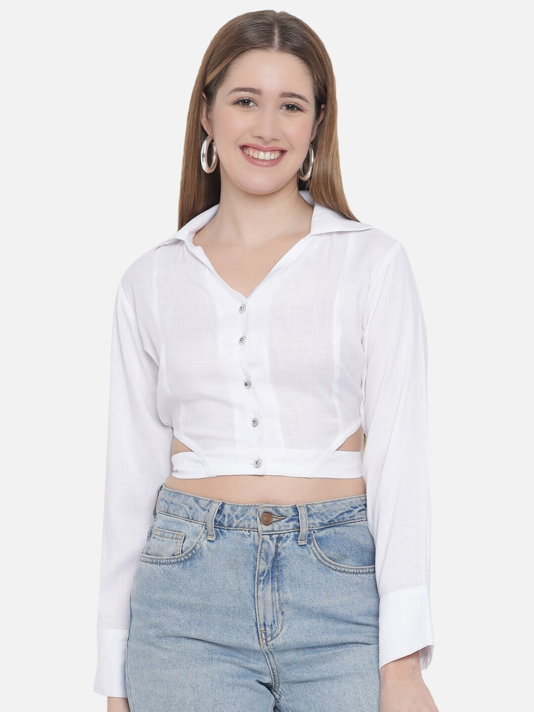 Indietoga White Shirt Style Cotton Linen Crop Top