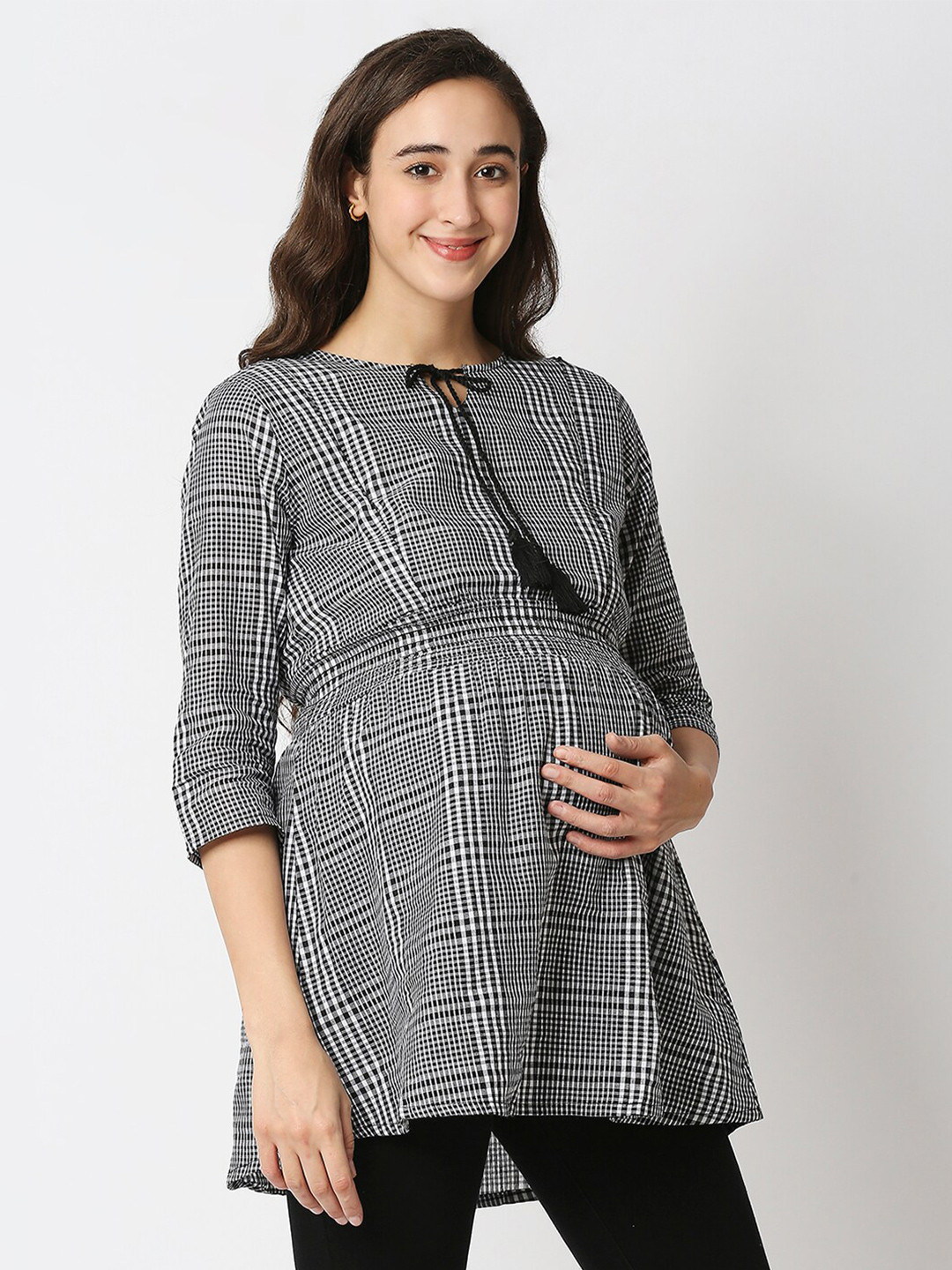 MeeMee Black Checked Tie-Up Neck Maternity Top