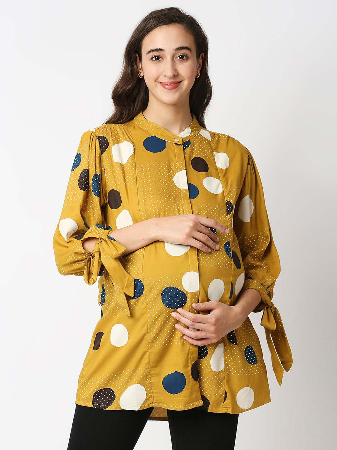 MeeMee Mustard Yellow Print Mandarin Collar Top