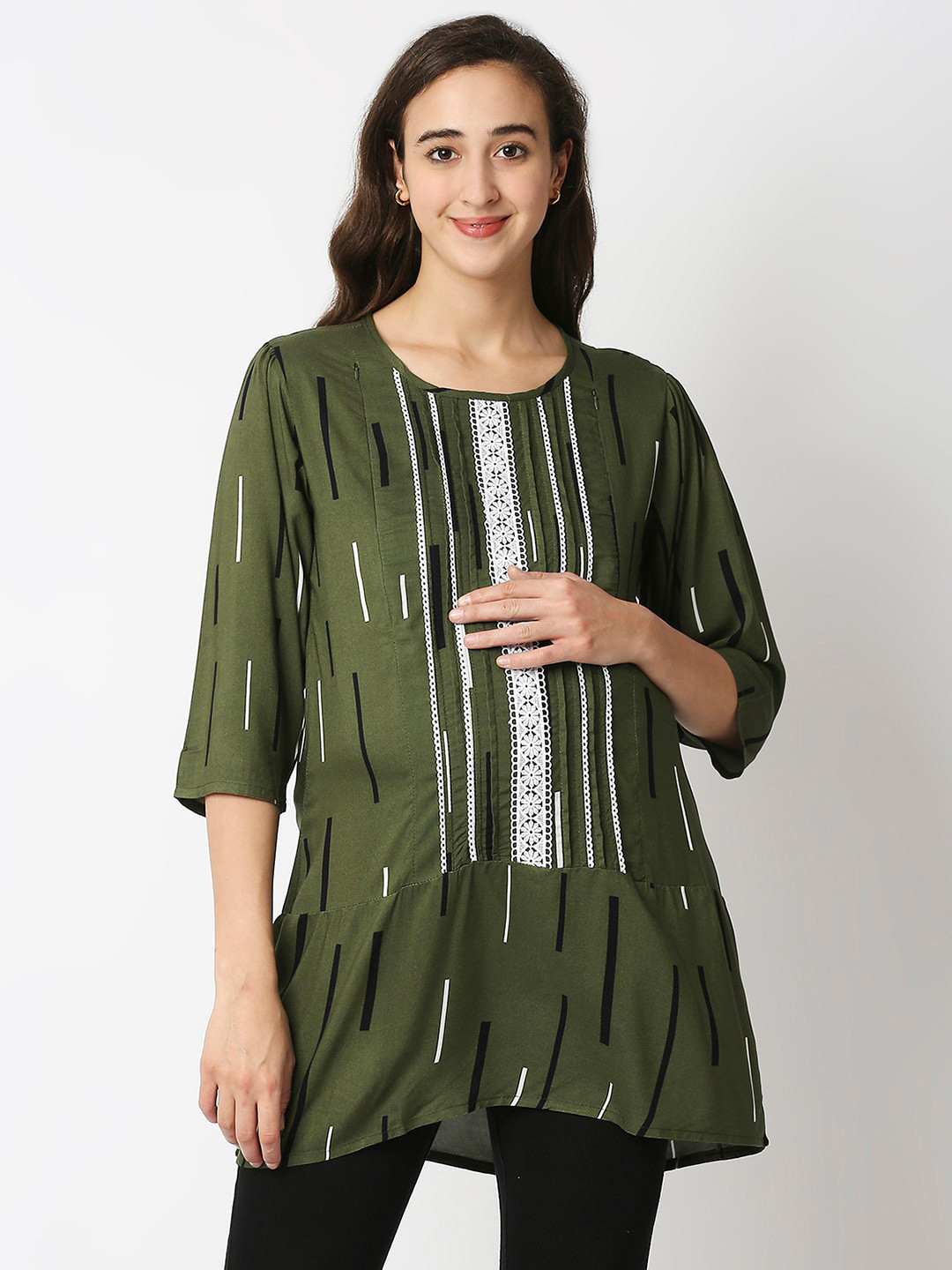MeeMee Olive Green Print Longline Top