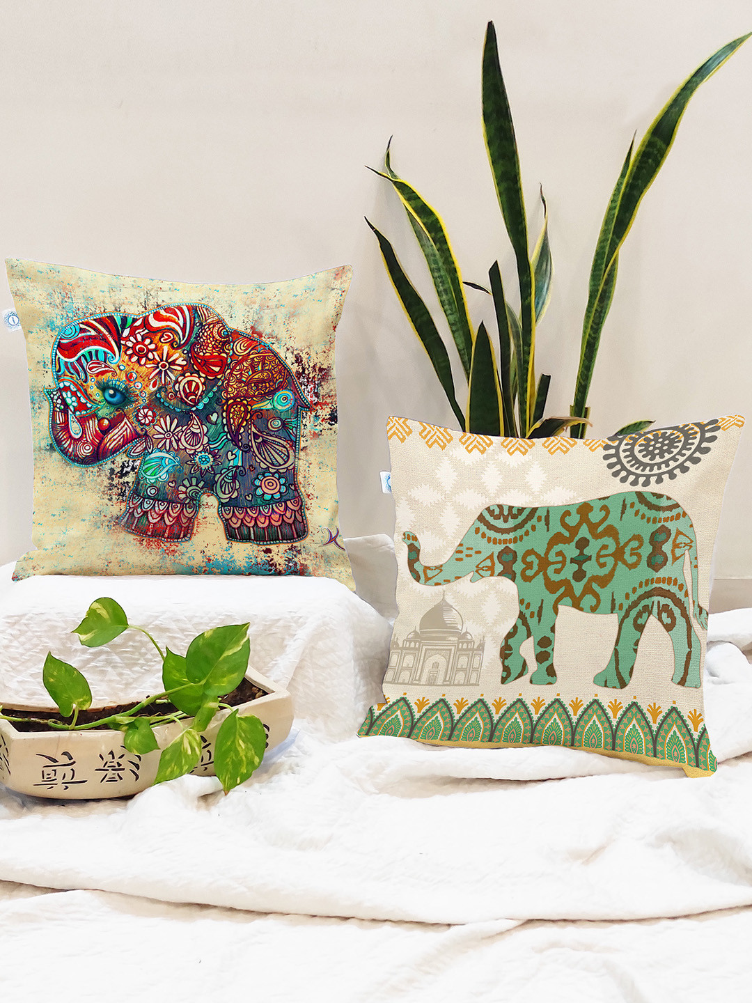 STITCHNEST Elephant Ethnic Motifs Polyester Silk Washable 2 Pcs Cushion Covers -24x24In