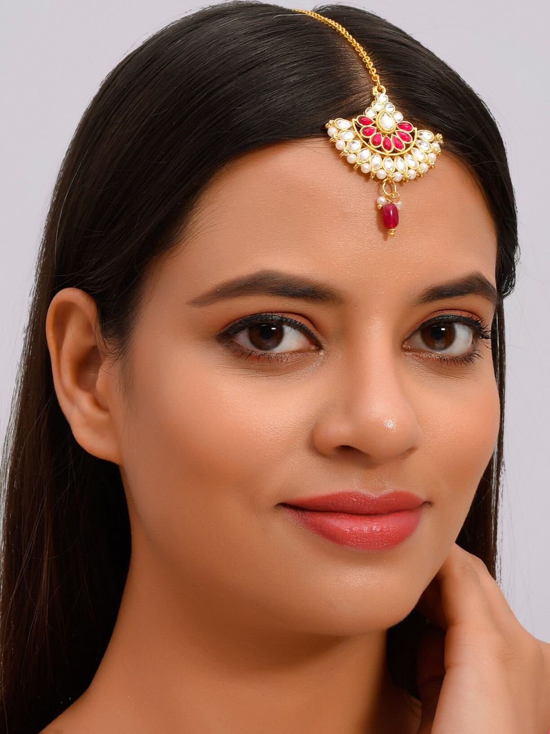 Silvermec Designs Red & Gold-Toned & Plated Trishala Kundan Maangtikka