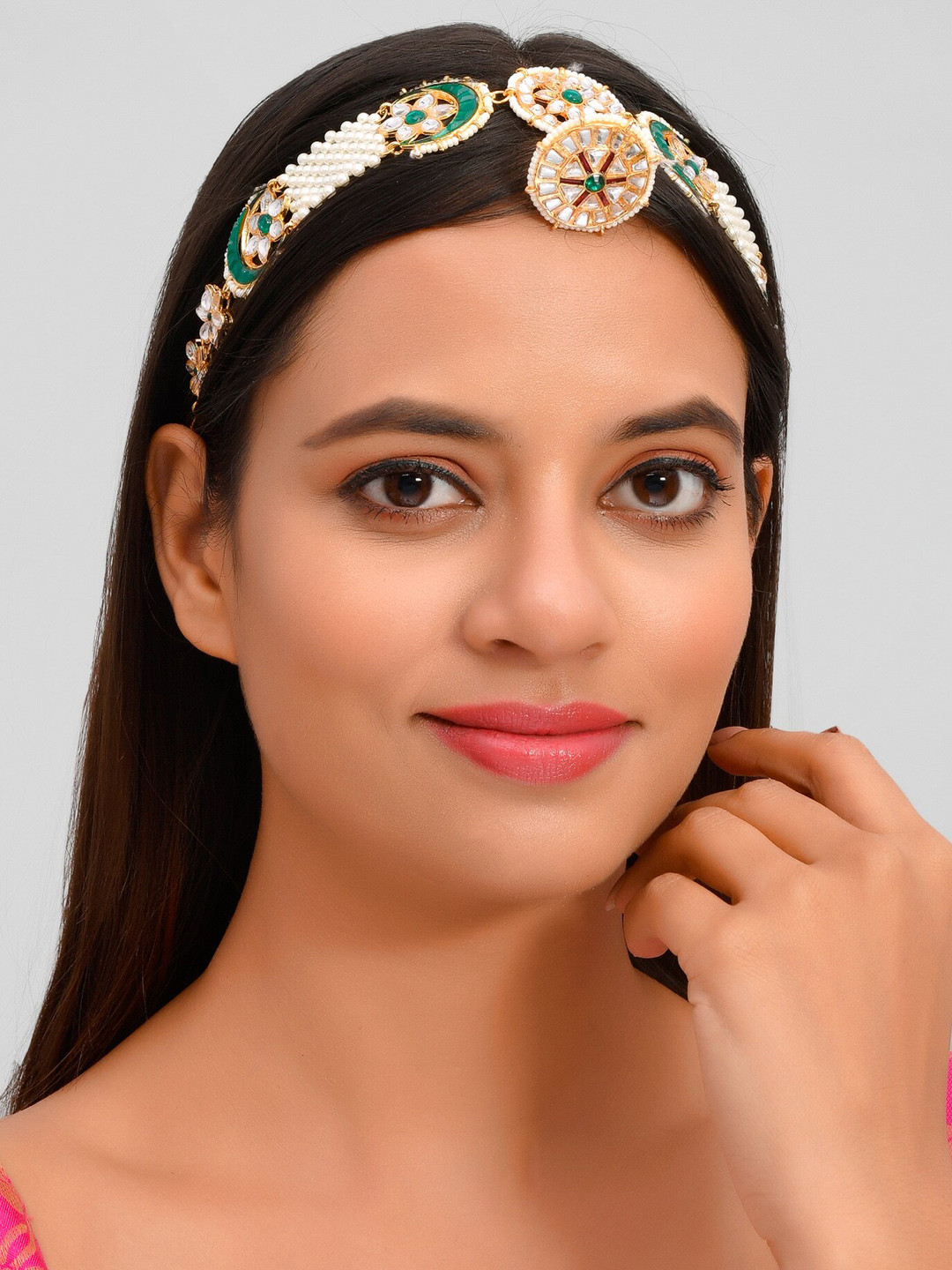 Silvermerc Designs Gold-Plated & White Kundan-Studded & Pearl Beaded Head Chain With Borla