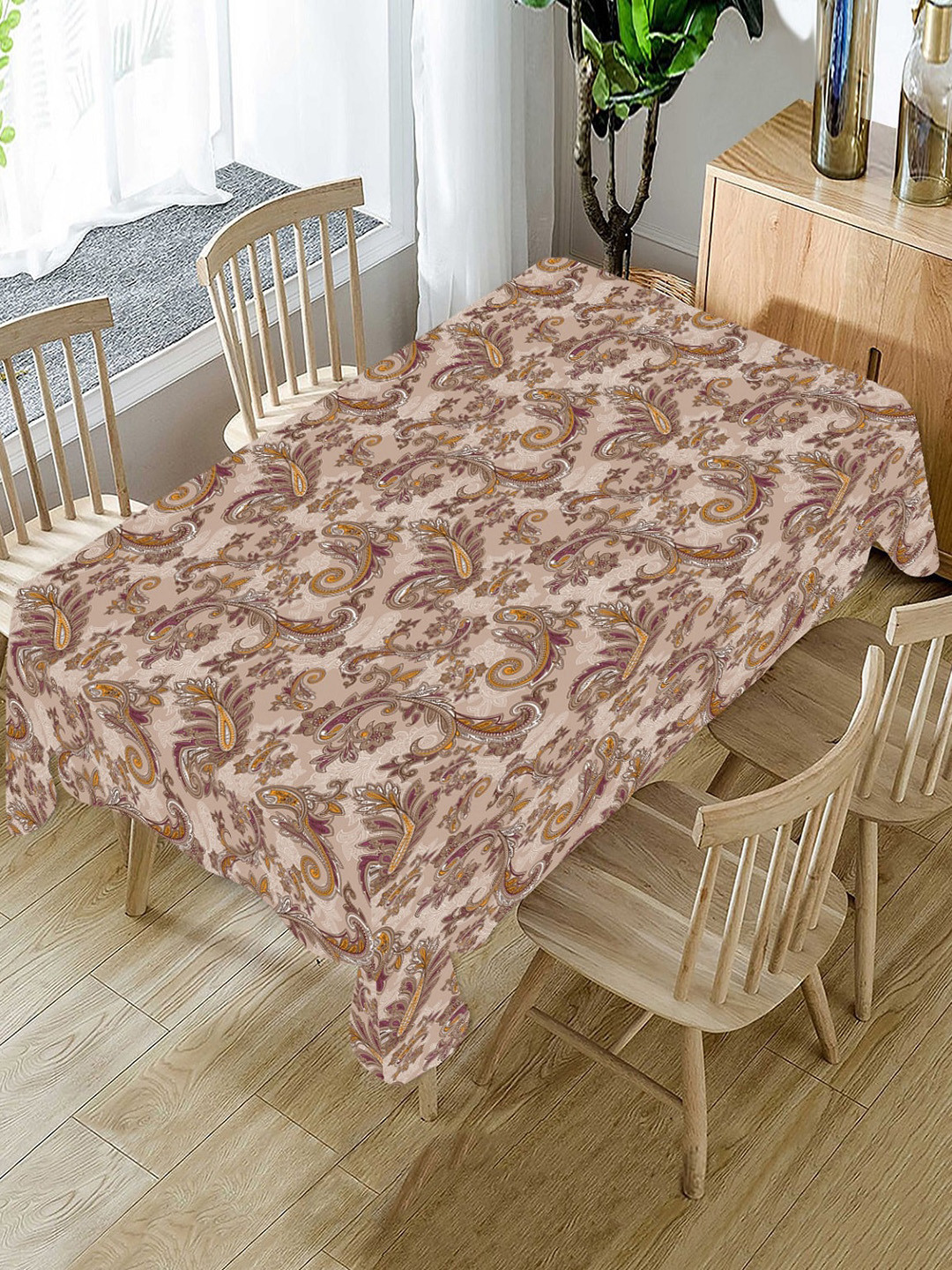 AEROHAVEN Brown & Gold Ethnic Motifs Printed 4 Seater Cotton Table Cover