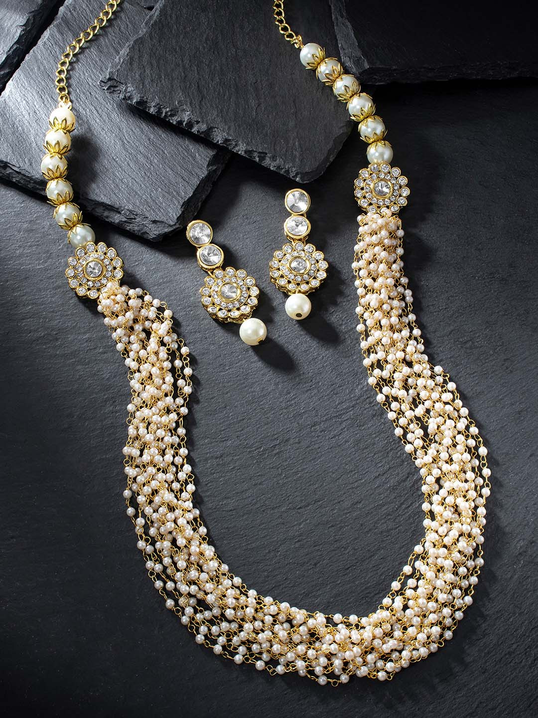 Peora White Gold-Plated Stone-Studded & Beaded Jewellery Set