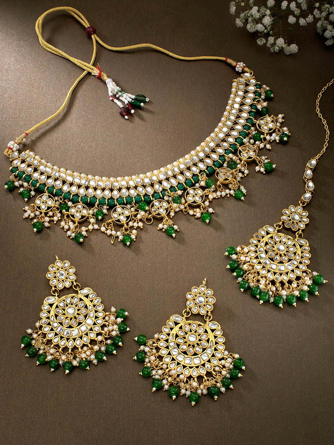 Peora White Gold-Plated & Green Kundan-Studded Antique Jewellery Set with Maang Tika
