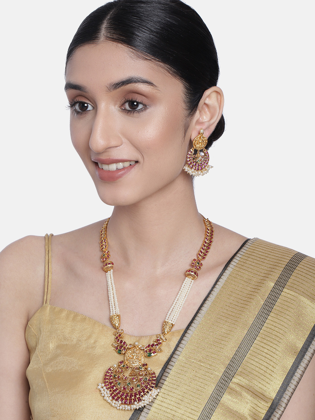 Peora Gold-Toned & Pink South Indian Traditional Style Jewellery Set