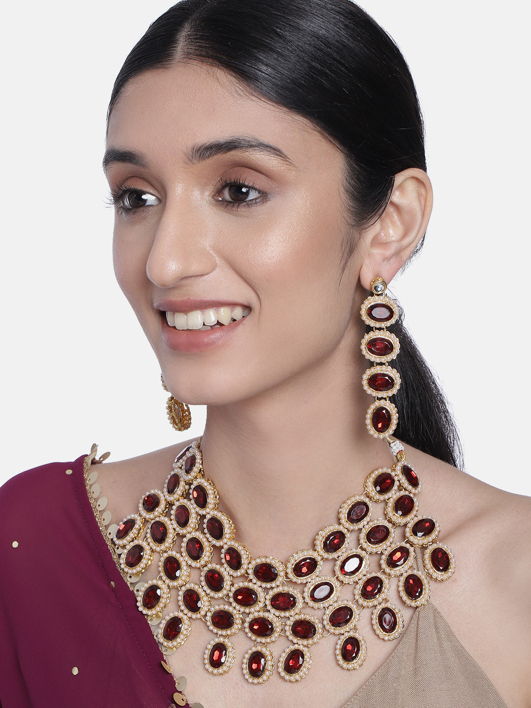Peora Maroon Gold-Plated & Off-White Stone-Studded & Beaded Jewellery Set