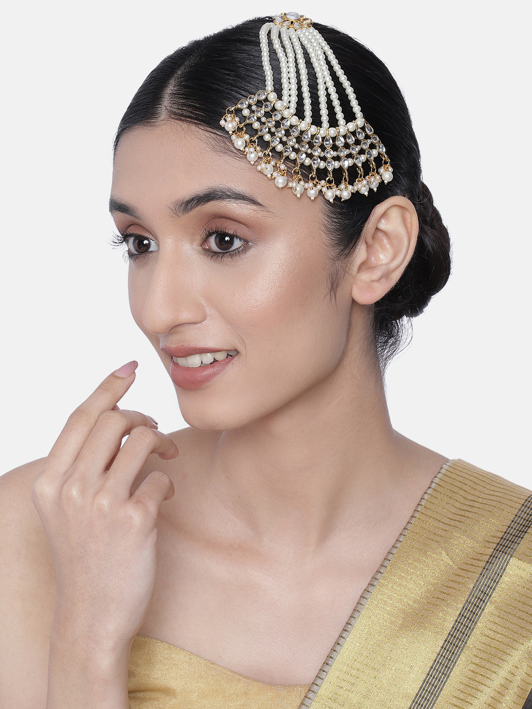 Peora Gold-Plated & White Kundan Pearl Studded & Beaded Jhumar Passa Jewellery