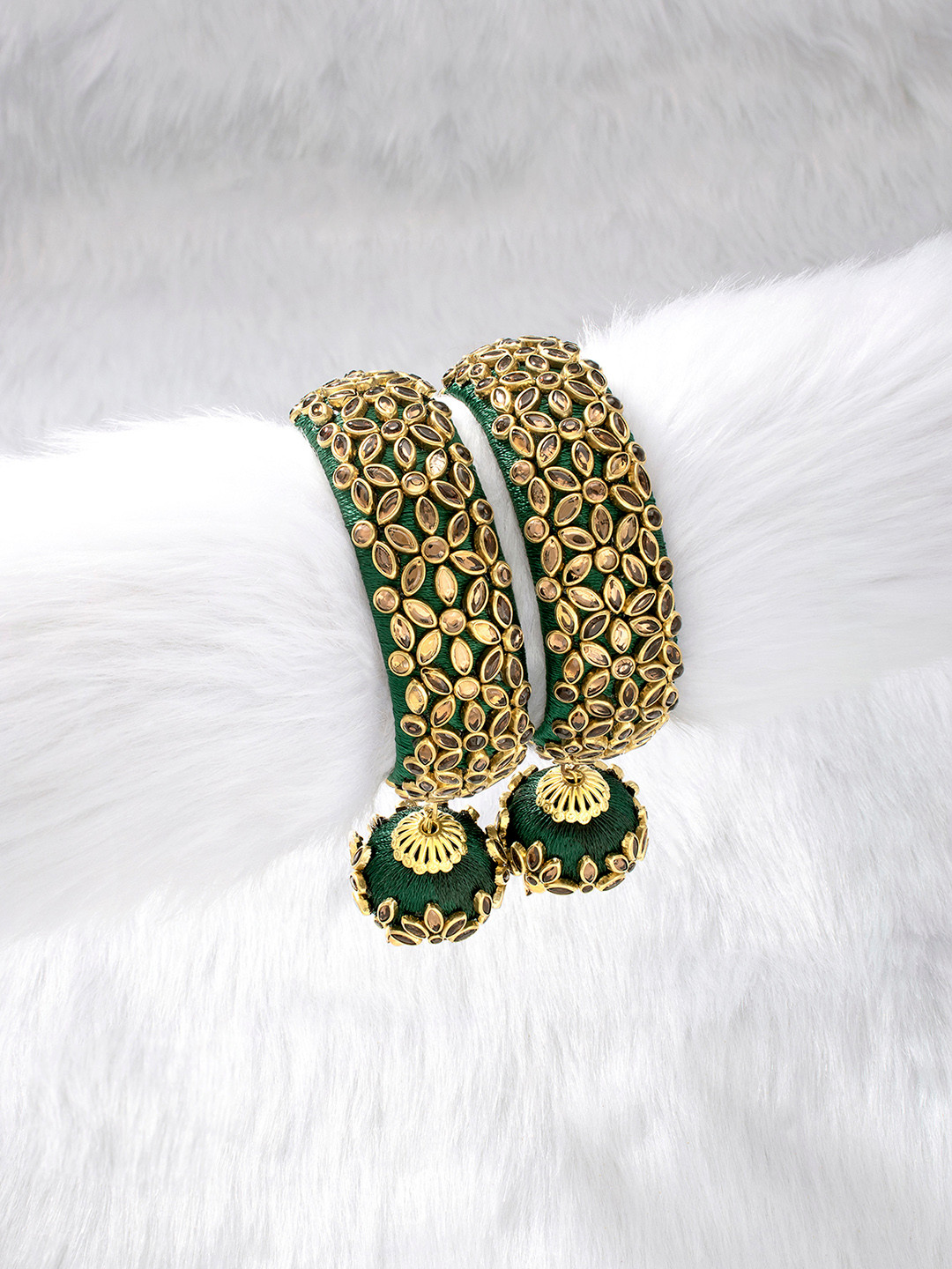 Peora Set of 2 Green Gold-Plated Handcrafted Kundan Studded Bangles with Jhumka Danglers
