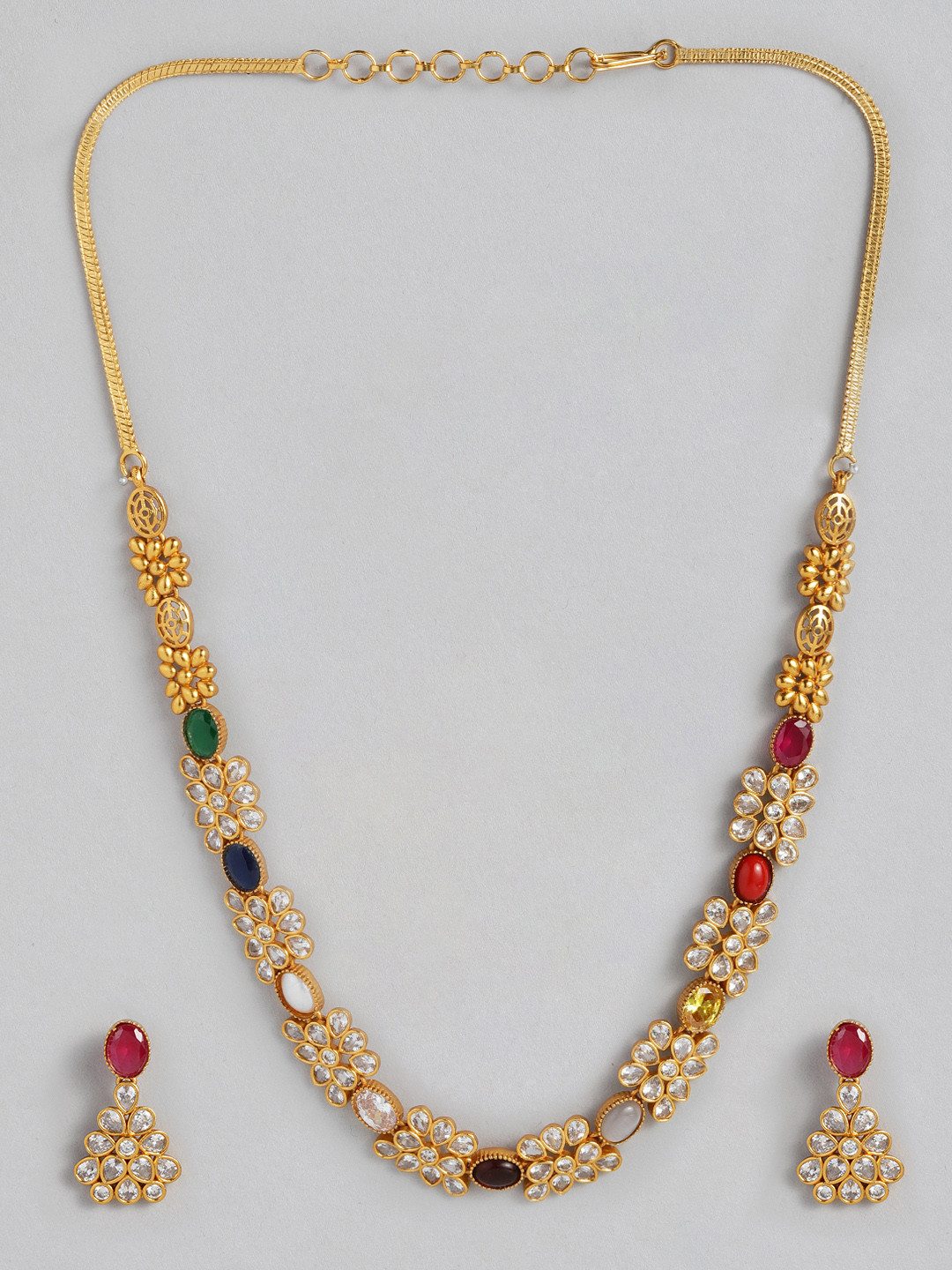 Peora Gold-Toned & Red Studded South Indian Traditional Style Jewellery Set